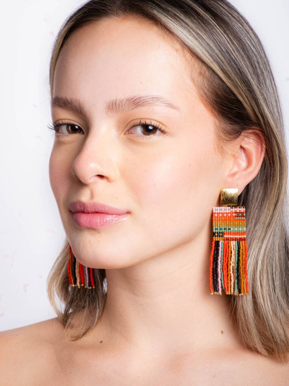 NWT Seed Bead Handwoven Striped Knit Fringe Earrings (Sweet Escape)